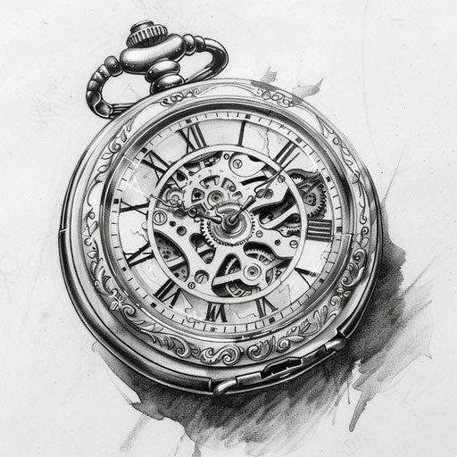 Vintage pocket watch tattoo sketch with gears and filigree, clipart style, flat black ink