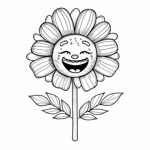 A cute, smiling flower with big petals and a leafy stem
