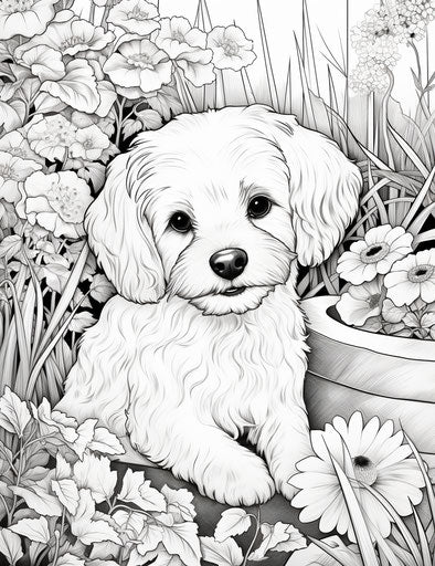Dog in garden coloring page, lisa frank style, toy effect