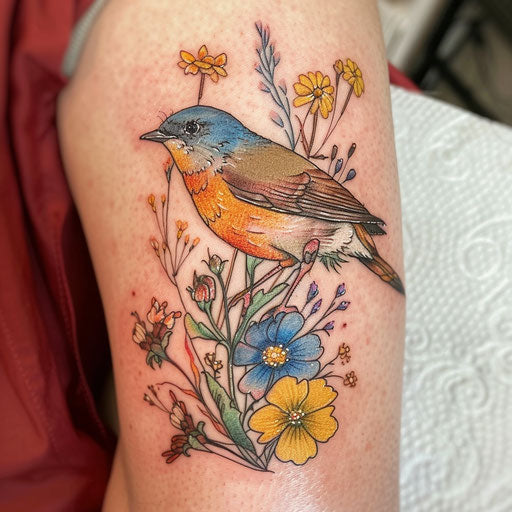 Wildflower tattoo with bird, bright colors