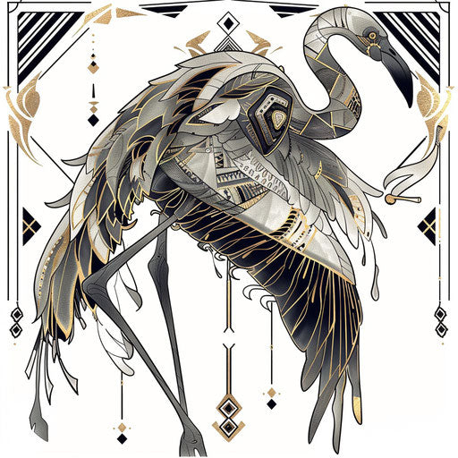 Art Deco inspired flamingo tattoo design with symmetrical patterns and gold accents