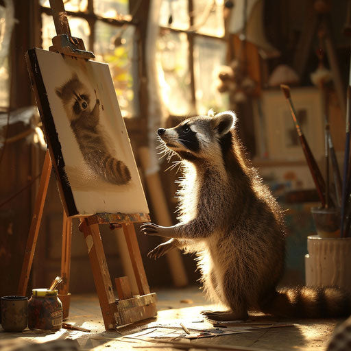 A raccoon artist painting a masterpiece in a sunlit studio.