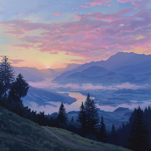 Peaceful dawn over Mount Rigi, soft pastel colors