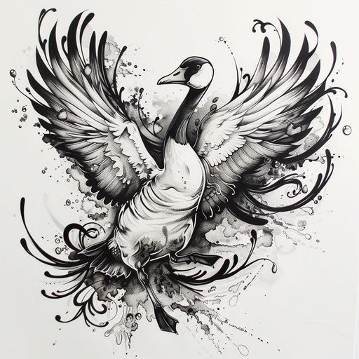 Dynamic sketch of a goose landing with abstract water splashes