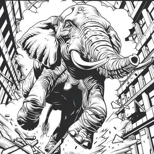 Heroic elephant in an action scene in the style of Mike Zeck Coloring book page