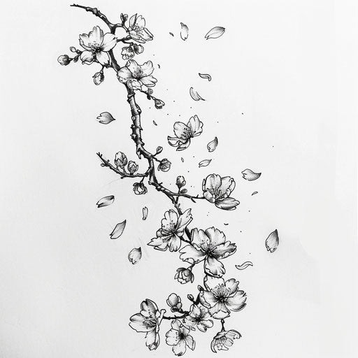 Dynamic flat tattoo sketch of sakura petals falling in a gentle breeze