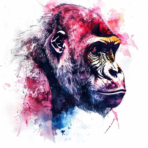 Abstract watercolor gorilla, vibrant colors, white background