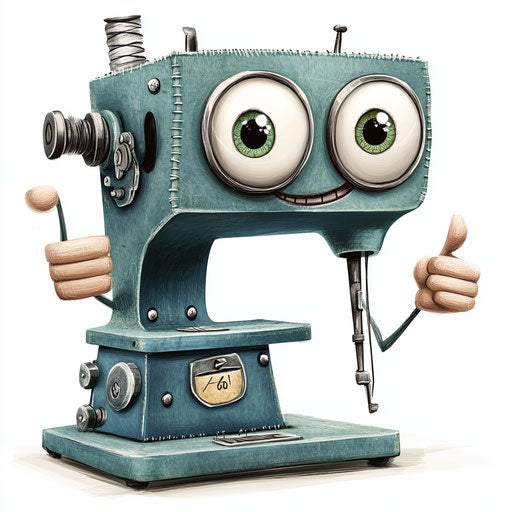 Humorous caricature of a sewing machine with human characteristics