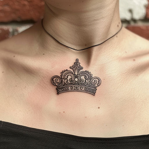 Simple crown tattoo, in the style of Humberto Ramos, on the collarbone