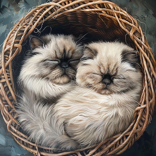 Two Himalayan cats snuggling in a wicker basket