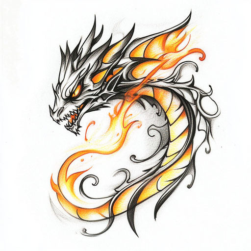 Flat tattoo sketch of female dragon breathing fire