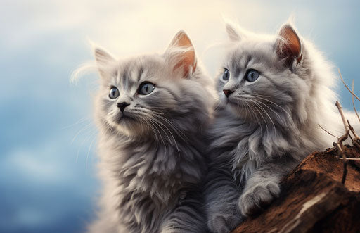 Two gray kittens sitting on a scratching post, light sky-blue and dark silver style