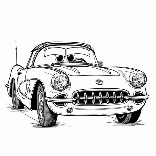 A whimsical cartoon Corvette with big eyes and a smiling grille