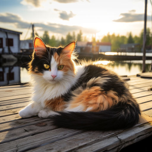 Calico cat lying on a dock