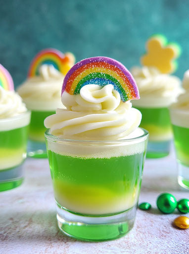 Green jelly shot with rainbow candy on emerald tablecloth