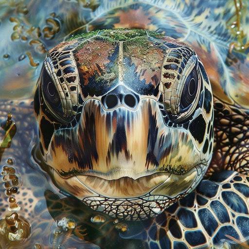 Close-up of a hawksbill sea turtle surrounded by floating sea algae
