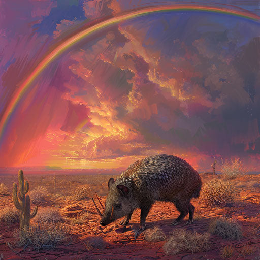 Javelina under a rainbow in the desert