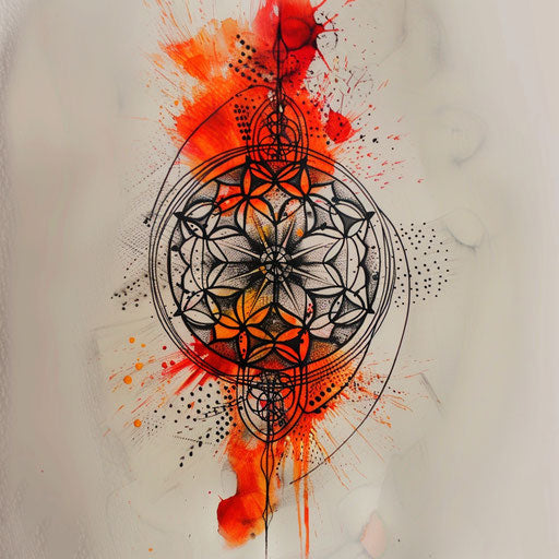 Dynamic sketch of a Flower of Life tattoo, with a splash of bright red and orange