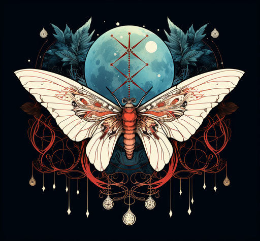 Moon butterfly, moon symbol background, dark white and light maroon style