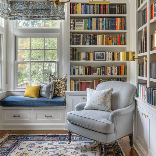 Bright and cheerful home office with wall-to-wall bookshelves