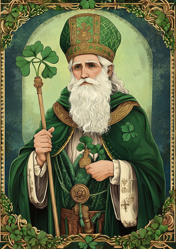 Colorful Illustration of a Saint with Clover Leaf Border
