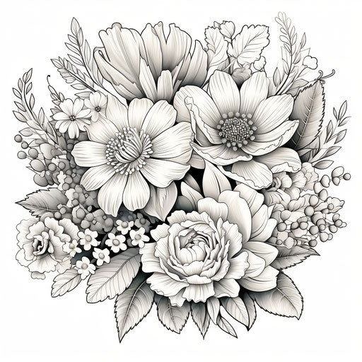 Flowers bouquet coloring pages, softly organic detailed