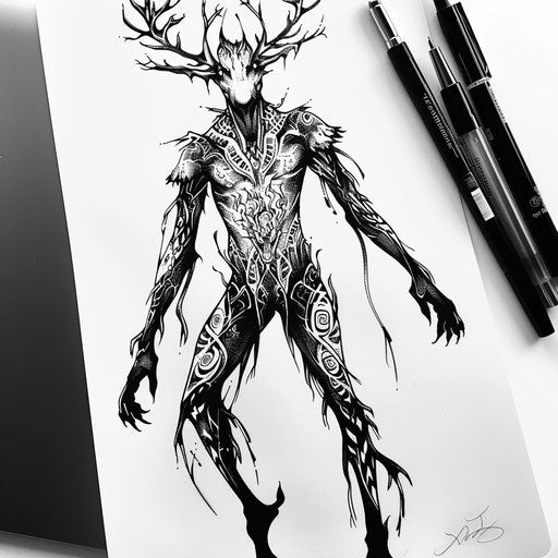 Elegant flat tattoo sketch of a Wendigo with intricate tribal patterns
