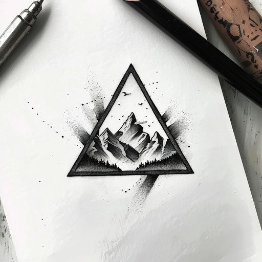 Black and gray shaded triangle tattoo with mountain landscape