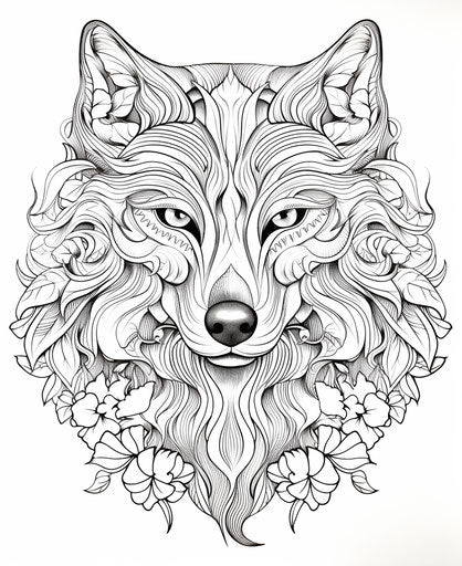 Intricate black and white wolf head drawing