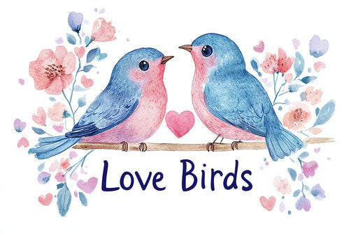 Watercolor love birds with hearts and flowers