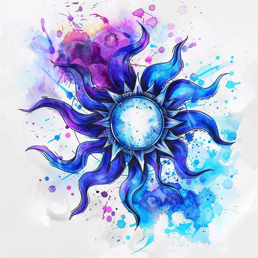 Sketch of vivid blue and purple rising sun tattoo with watercolor effects