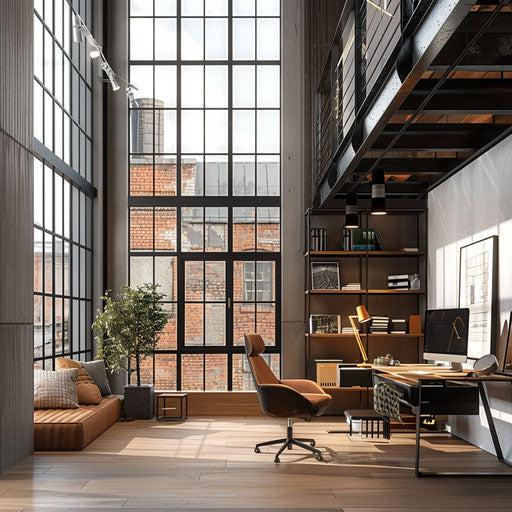 Home office in a loft with modern industrial design and large windows