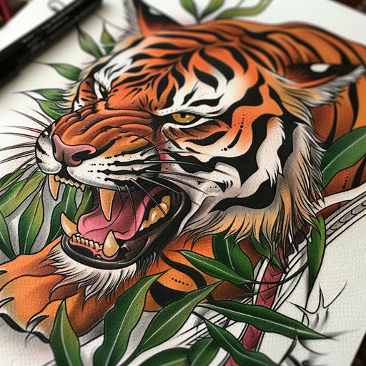 Traditional tiger tattoo design with roaring jungle