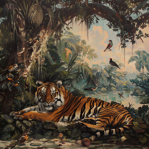 Sunda tiger under giant fig tree with tropical birds