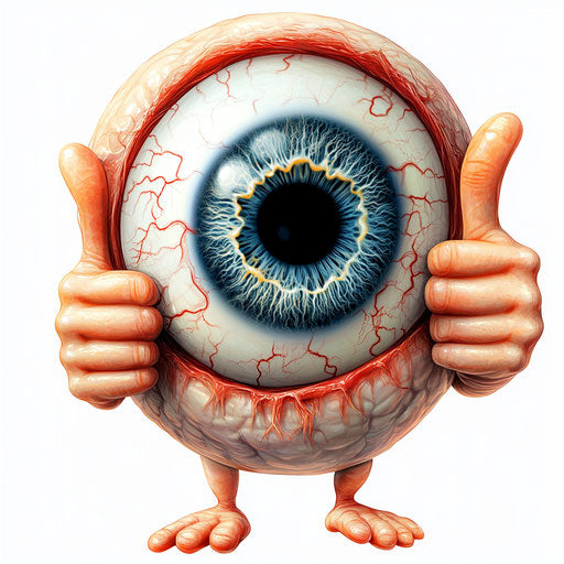 Humorous caricature of an eyeball with human characteristics, exaggerated smiling mouth, playing with a toy, vibrant colors