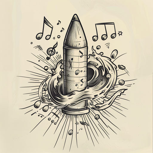 Vibrant flat tattoo sketch of a bullet surrounded by musical notes and sound waves