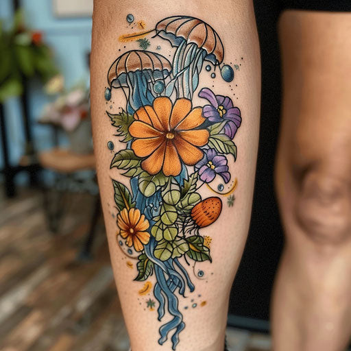 Wildflower tattoo with jellyfish, oceanic colors, flowing design, ethereal