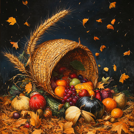 Overflowing cornucopia of autumn fruits and vegetables