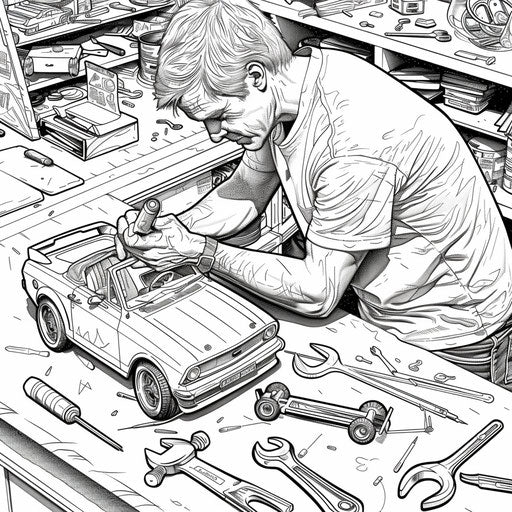 Dad fixing toy car with tools spread out