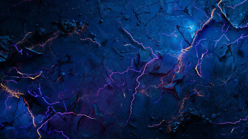 Blue sky with lightning, detailed background elements, dark violet and yellow