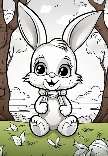 Bunny coloring page for kids, comic art style, high quality photo