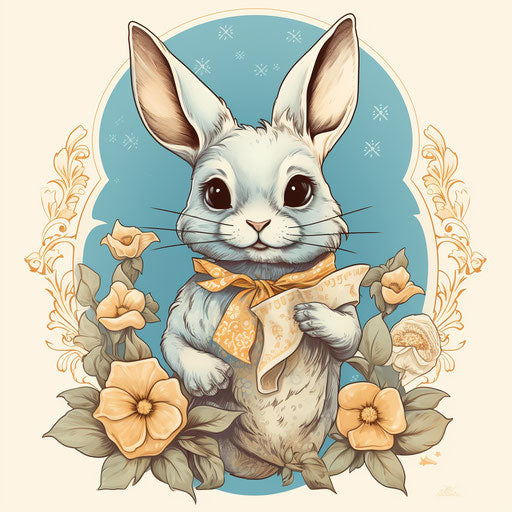 Easter Bunny with banner and flower in tattoo-inspired style