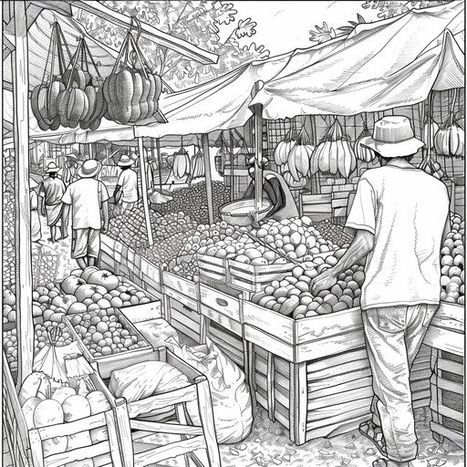 Detailed market scene with Aboriginal art and bustling activity, coloring book page