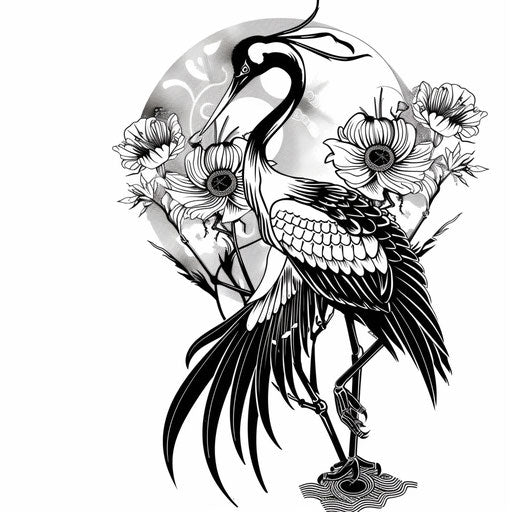 Stylized crane and iris tattoo in black ink on pure white
