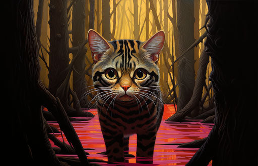 Striped cat walking on a log in the jungle