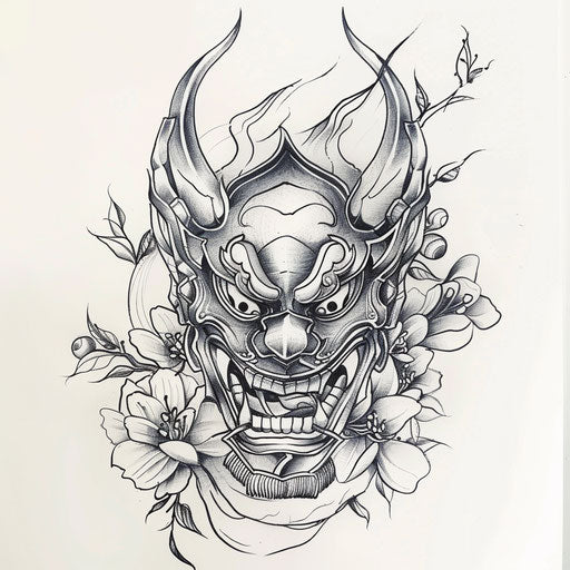 Tranquil sketch of a tattoo of a Hannya mask in a peaceful Zen garden