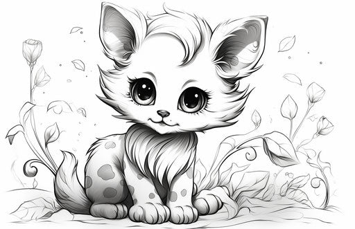 Adorable kitten coloring in animated style, ink drawing