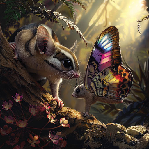 A sugar glider investigating a colorful butterfly