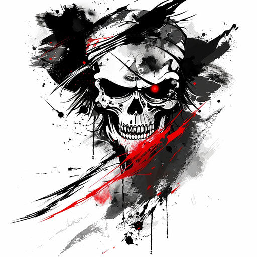 Minimalist tattoo sketch of the Jolly Roger with a single red eye