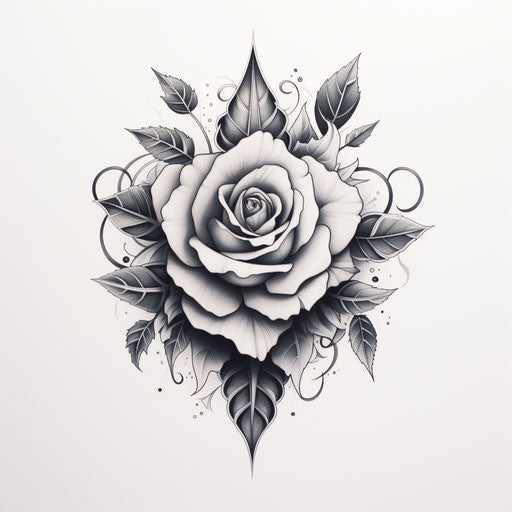 Black and white rose tattoo design, leaf pattern, textured illustrations